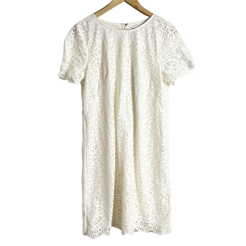 Ann Taylor White Lace Short Sleeve Round Neck Shift Mini Dress Size 10 - Picture 2 of 12